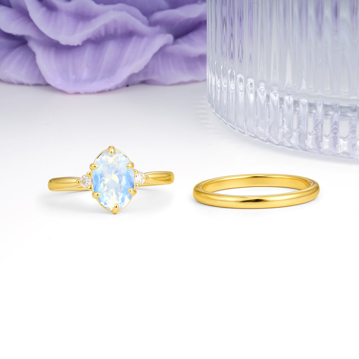 Clean Line Two Piece Oval Cut Main Stone Dual Side Accent Daily Wear Moonstone Bridal Ring Set - Additional view
