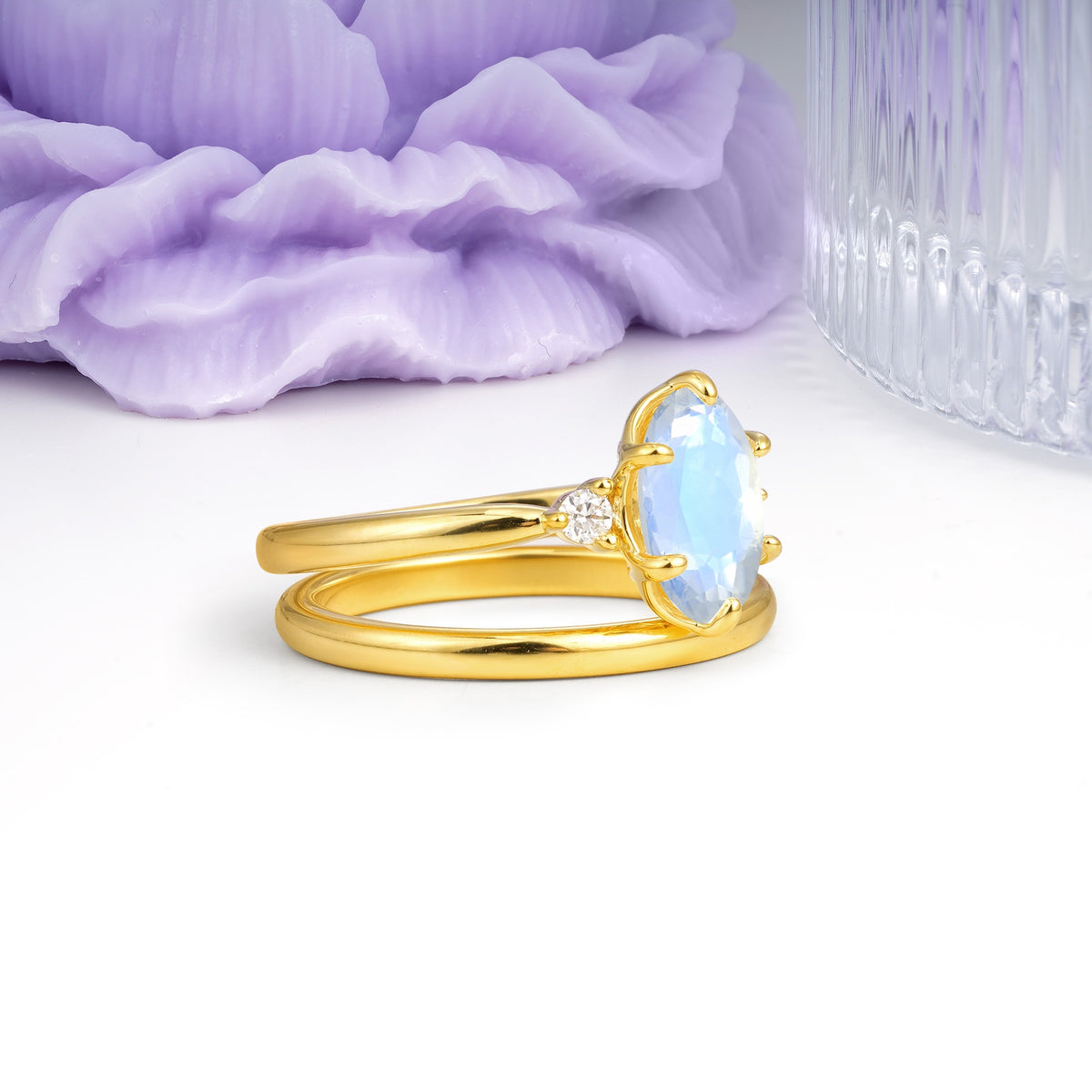 Clean Line Two Piece Oval Cut Main Stone Dual Side Accent Daily Wear Moonstone Bridal Ring Set - Additional view