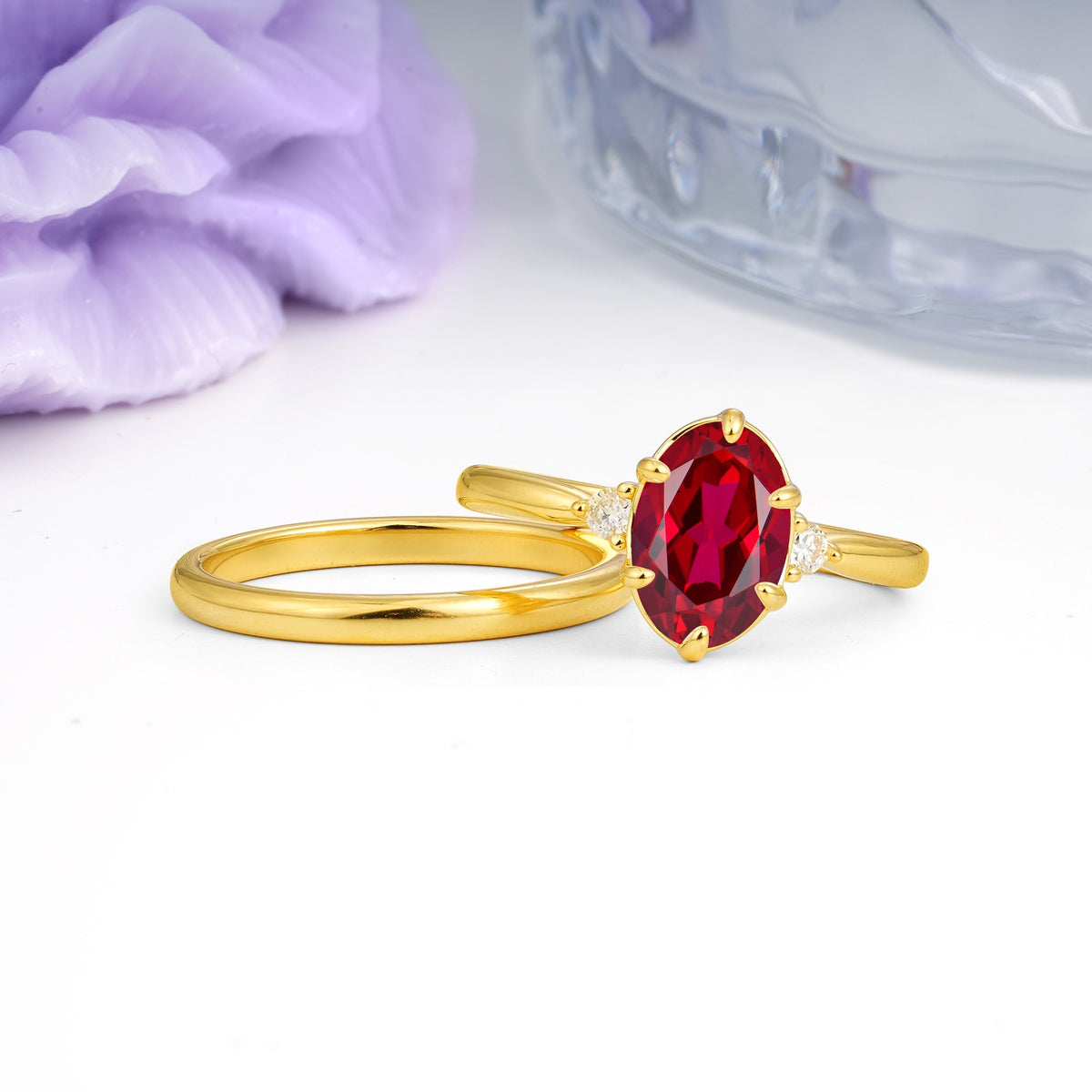 Clean Line Two Piece Oval Cut Main Stone Dual Side Accent Daily Wear Ruby Bridal Ring Set - Additional view