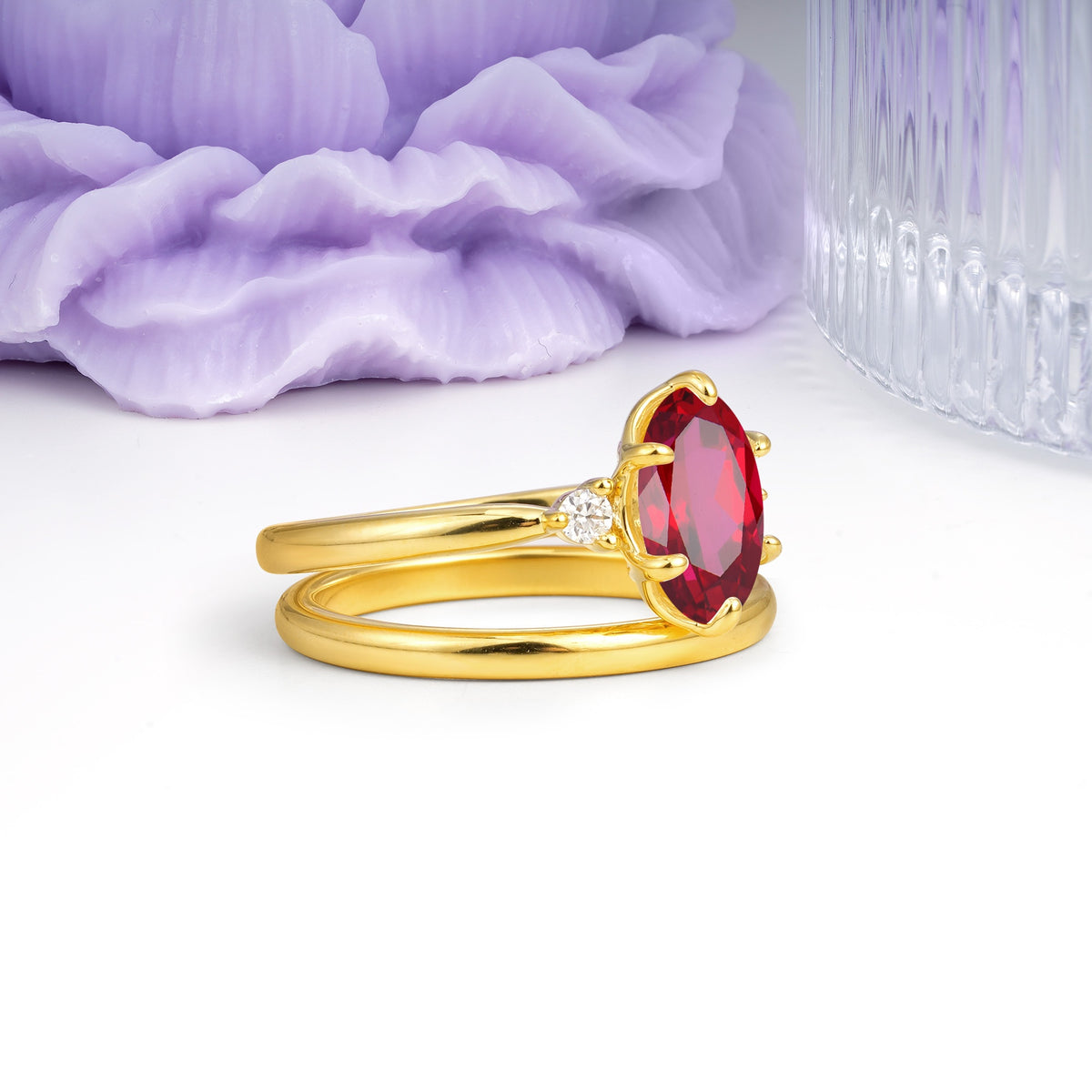 Clean Line Two Piece Oval Cut Main Stone Dual Side Accent Daily Wear Ruby Bridal Ring Set - Additional view