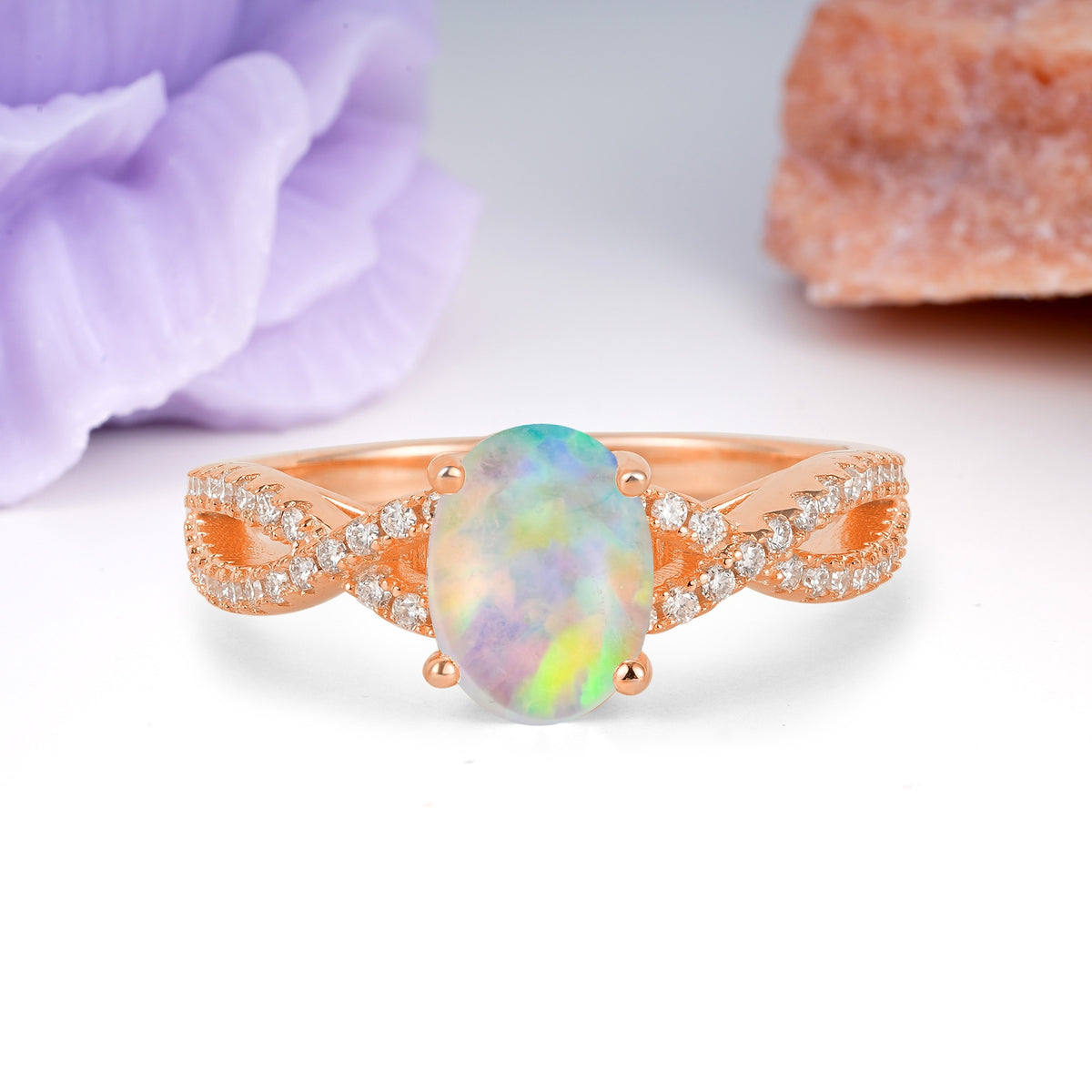 Classic Proposal Gift Oval Cut Infinity Twist Pave Band Fire Opal Engagement Ring - Additional view