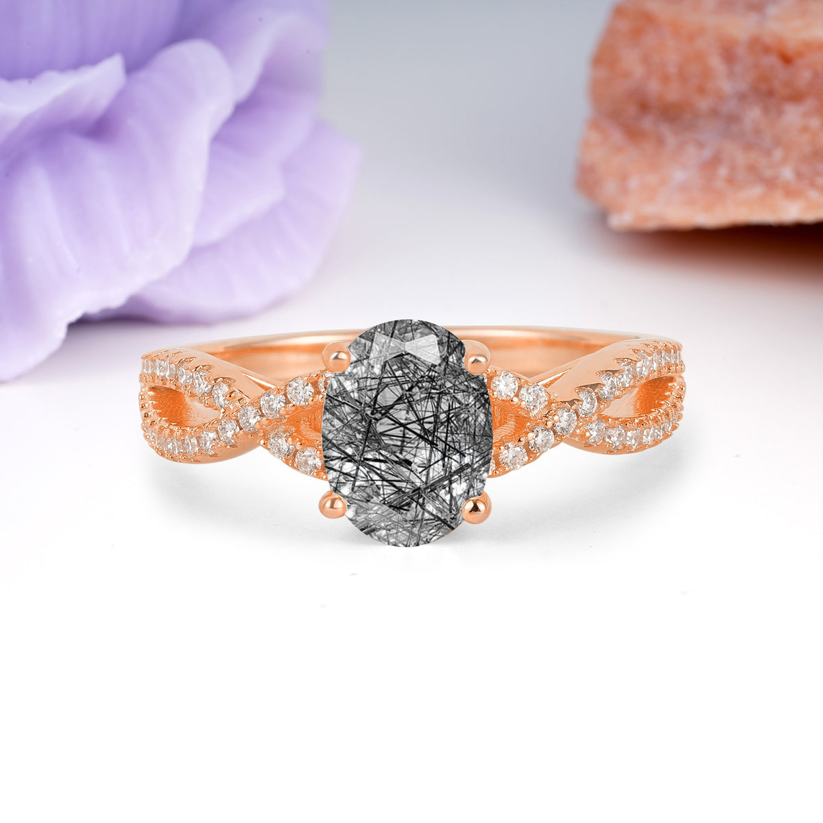 Classic Proposal Gift Oval Cut Infinity Twist Pave Band Black Rutilated Quartz Engagement Ring - Additional view