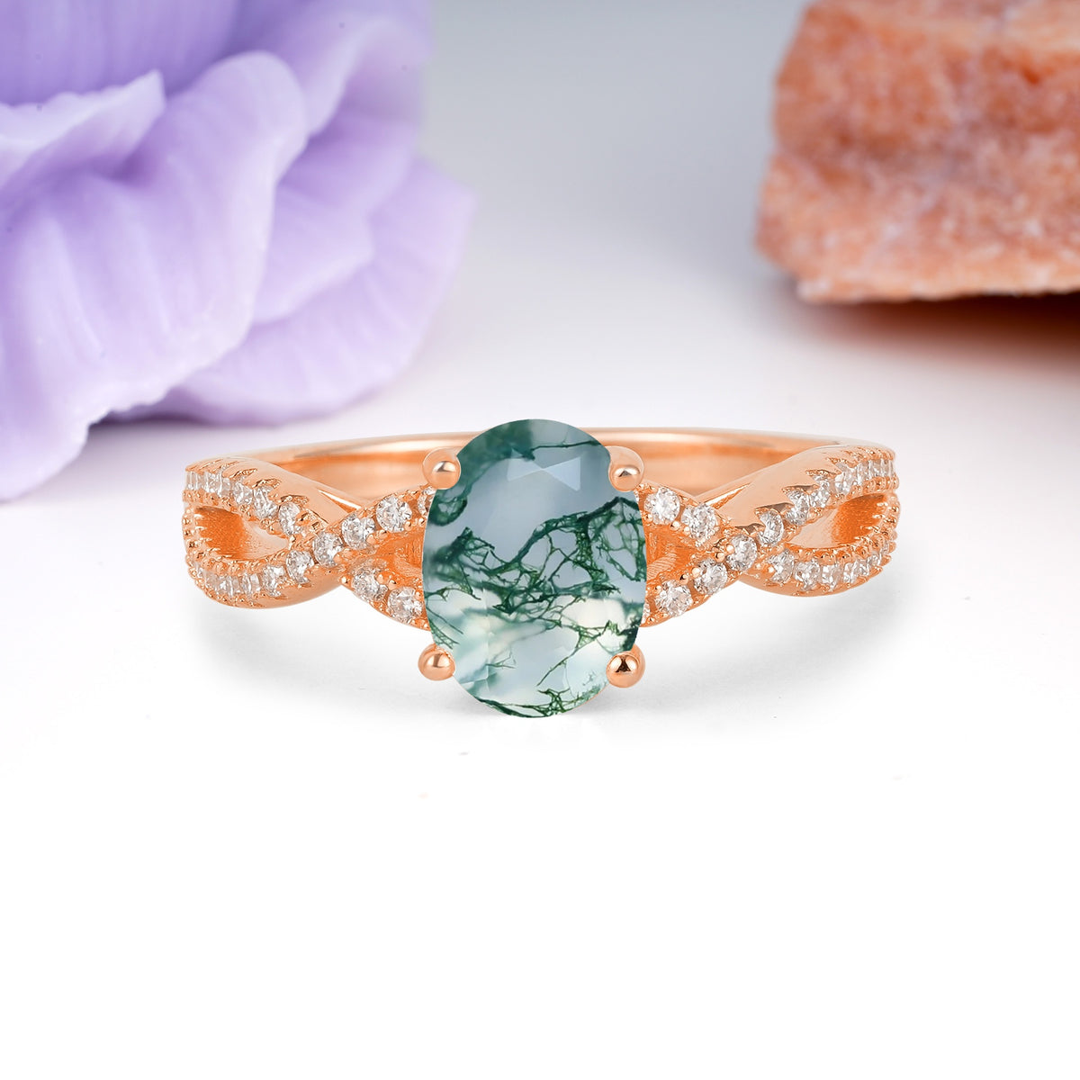 Classic Proposal Gift Oval Cut Infinity Twist Pave Band Moss Agate Engagement Ring - Additional view