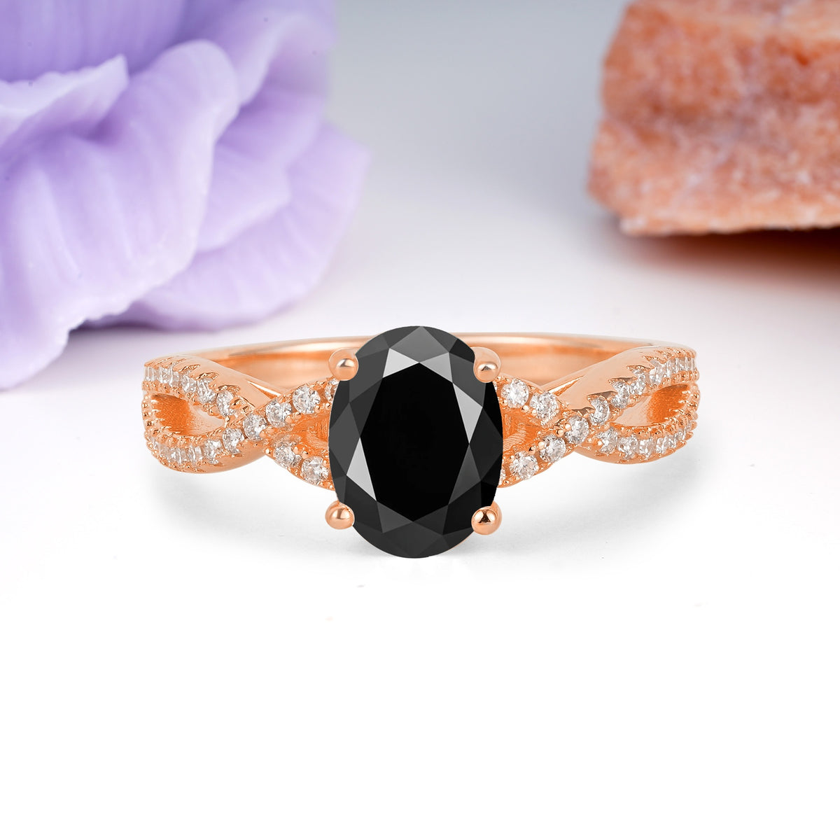 Classic Proposal Gift Oval Cut Infinity Twist Pave Band Black Onyx Engagement Ring - Additional view