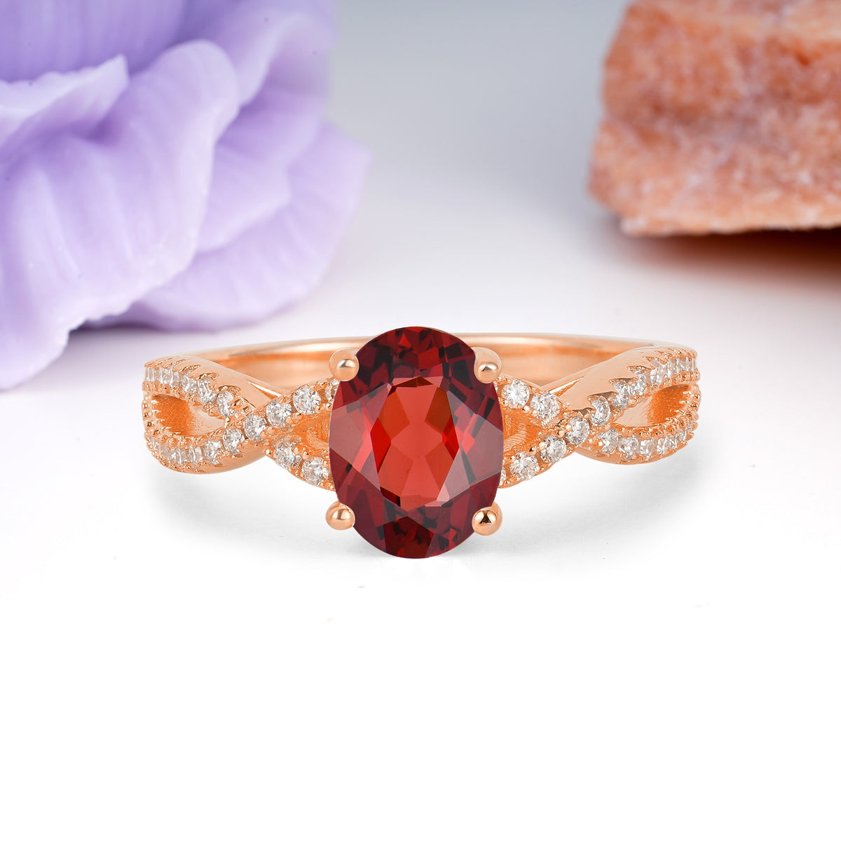 Classic Proposal Gift Oval Cut Infinity Twist Pave Band Garnet Engagement Ring - Additional view