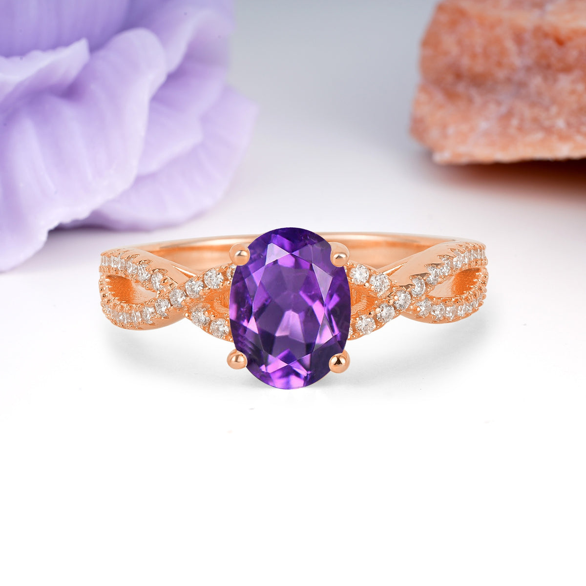 Classic Proposal Gift Oval Cut Infinity Twist Pave Band Amethyst Engagement Ring - Additional view