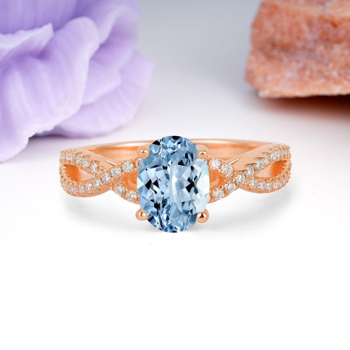 Classic Proposal Gift Oval Cut Infinity Twist Pave Band Aquamarine Engagement Ring - Additional view