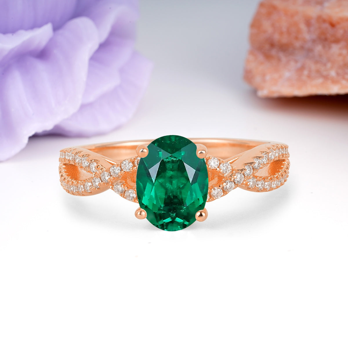 Classic Proposal Gift Oval Cut Infinity Twist Pave Band Emerald Engagement Ring - Additional view