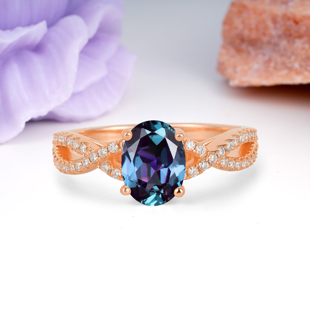 Classic Proposal Gift Oval Cut Infinity Twist Pave Band Alexandrite Engagement Ring - Additional view
