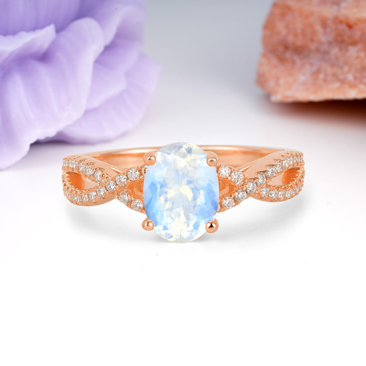 Classic Proposal Gift Oval Cut Infinity Twist Pave Band Moonstone Engagement Ring - Additional view