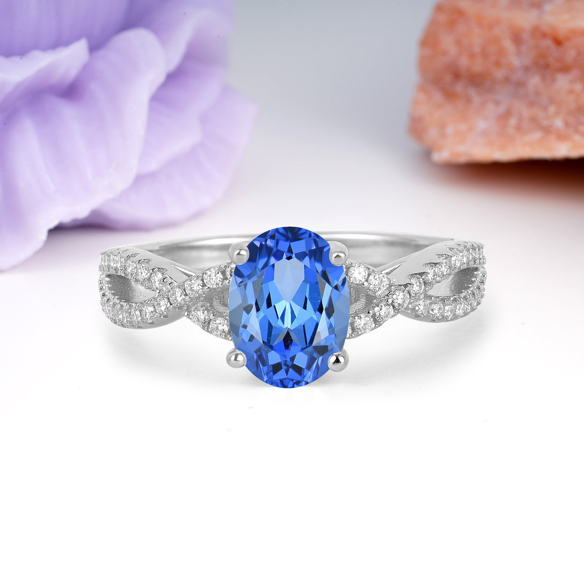 Classic Proposal Gift Oval Cut Infinity Twist Pave Band Sapphire Engagement Ring - Additional view