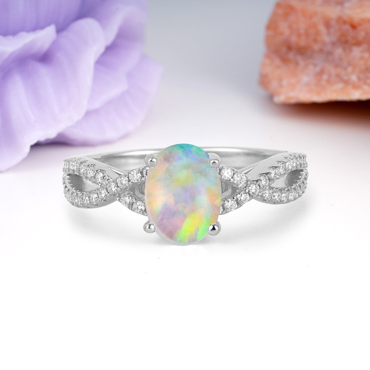Classic Proposal Gift Oval Cut Infinity Twist Pave Band Fire Opal Engagement Ring - Additional view