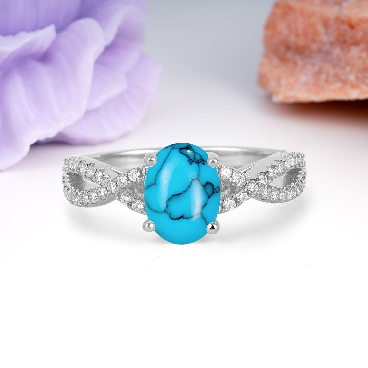 Classic Proposal Gift Oval Cut Infinity Twist Pave Band Turquoise Engagement Ring - Additional view