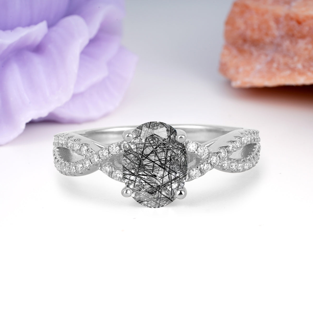 Classic Proposal Gift Oval Cut Infinity Twist Pave Band Black Rutilated Quartz Engagement Ring - Additional view