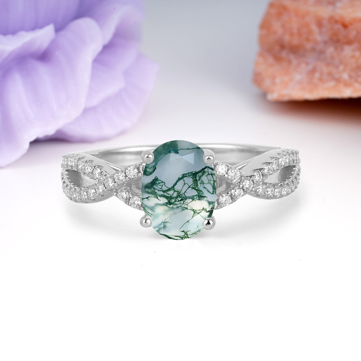 Classic Proposal Gift Oval Cut Infinity Twist Pave Band Moss Agate Engagement Ring - Additional view