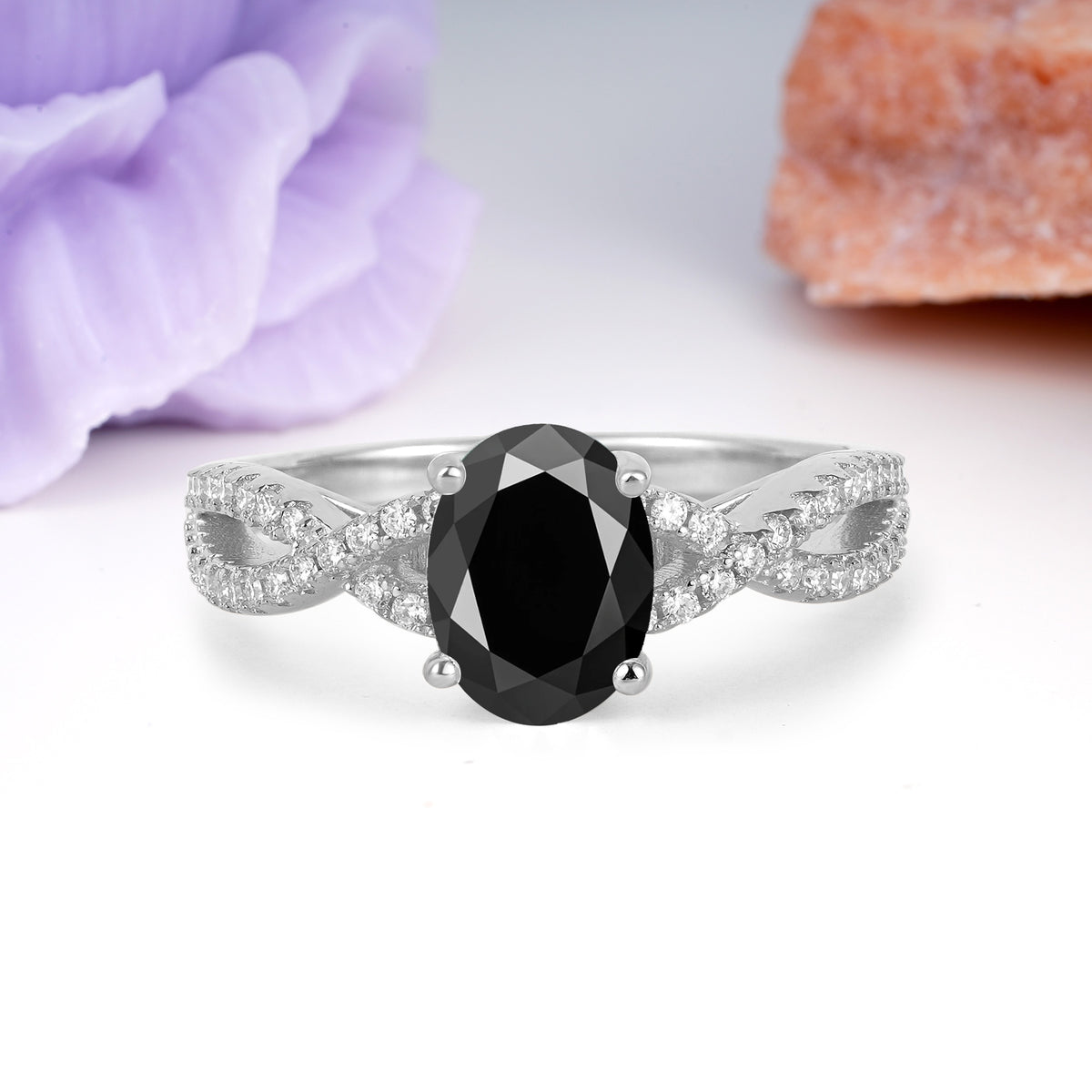 Classic Proposal Gift Oval Cut Infinity Twist Pave Band Black Onyx Engagement Ring - Additional view