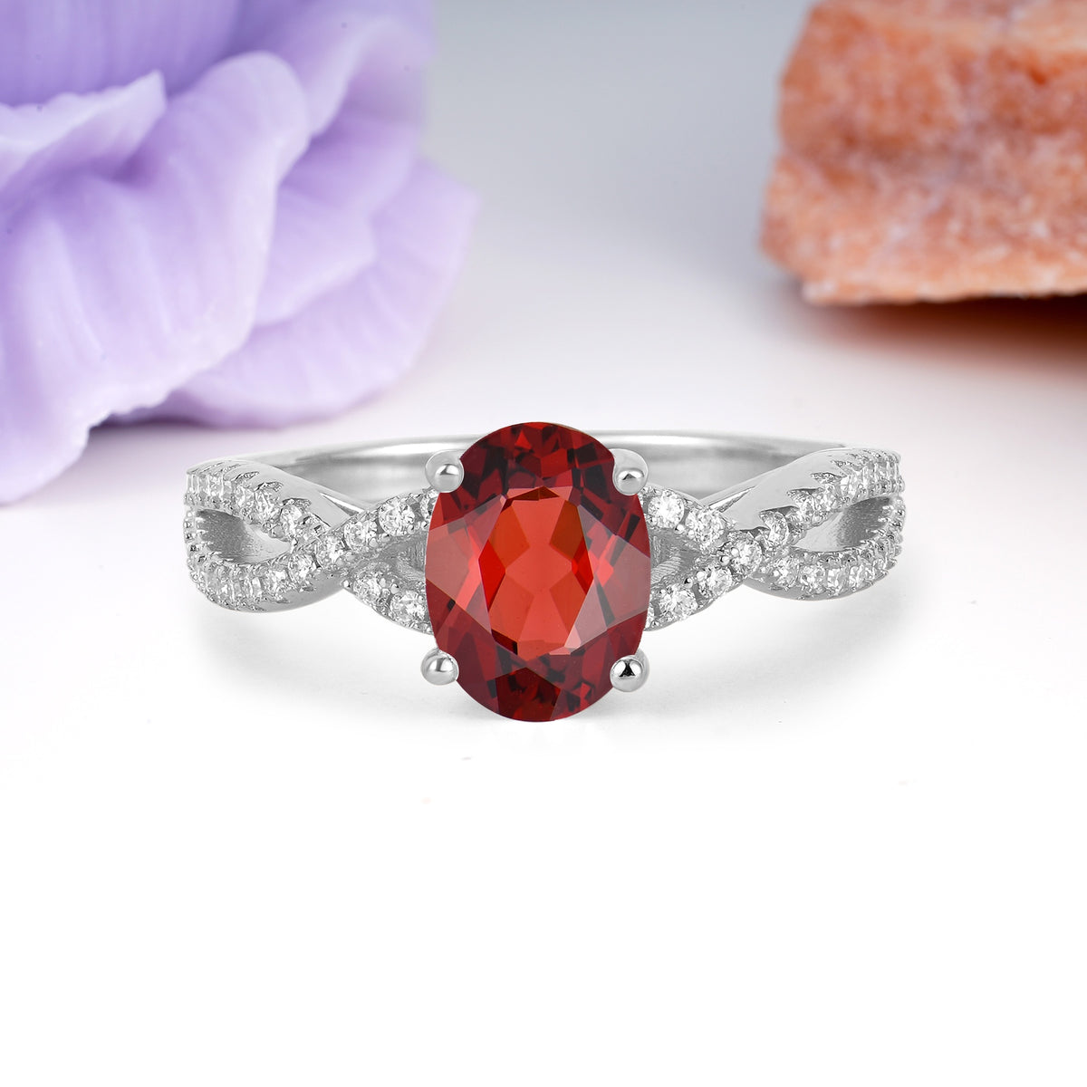 Classic Proposal Gift Oval Cut Infinity Twist Pave Band Garnet Engagement Ring - Additional view
