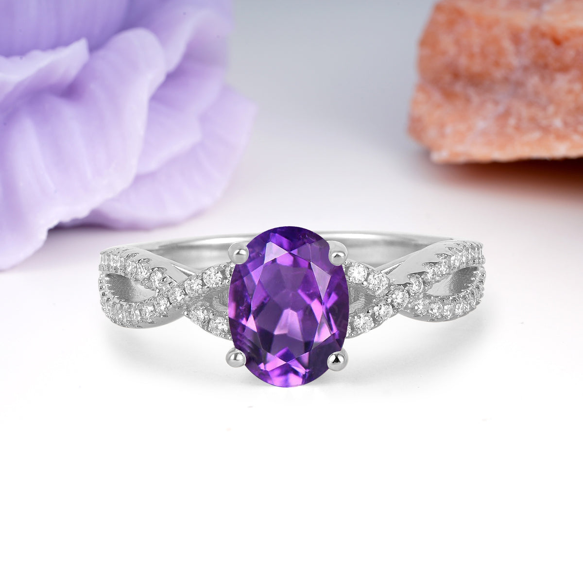 Classic Proposal Gift Oval Cut Infinity Twist Pave Band Amethyst Engagement Ring - Additional view