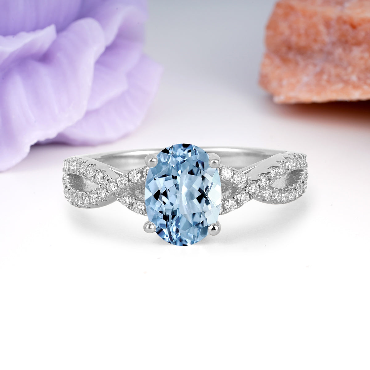 Classic Proposal Gift Oval Cut Infinity Twist Pave Band Aquamarine Engagement Ring - Additional view