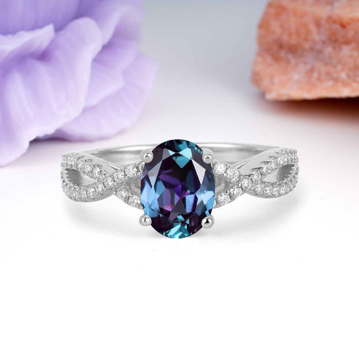 Classic Proposal Gift Oval Cut Infinity Twist Pave Band Alexandrite Engagement Ring - Additional view