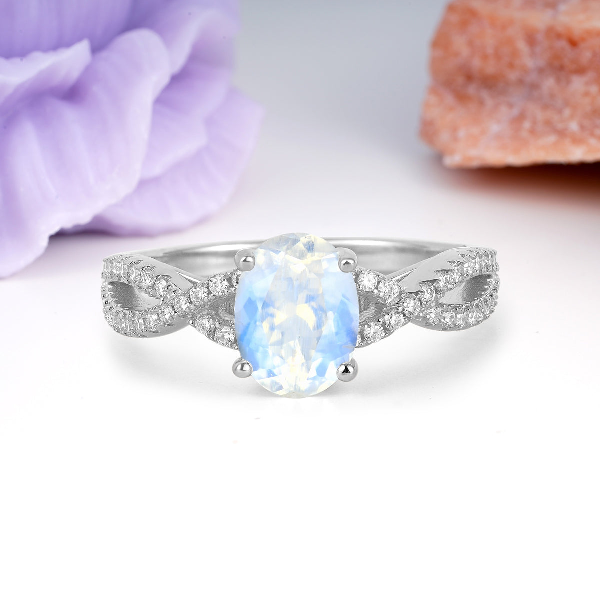Classic Proposal Gift Oval Cut Infinity Twist Pave Band Moonstone Engagement Ring - Additional view