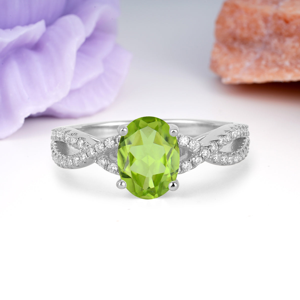 Classic Proposal Gift Oval Cut Infinity Twist Pave Band Peridot Engagement Ring - Additional view
