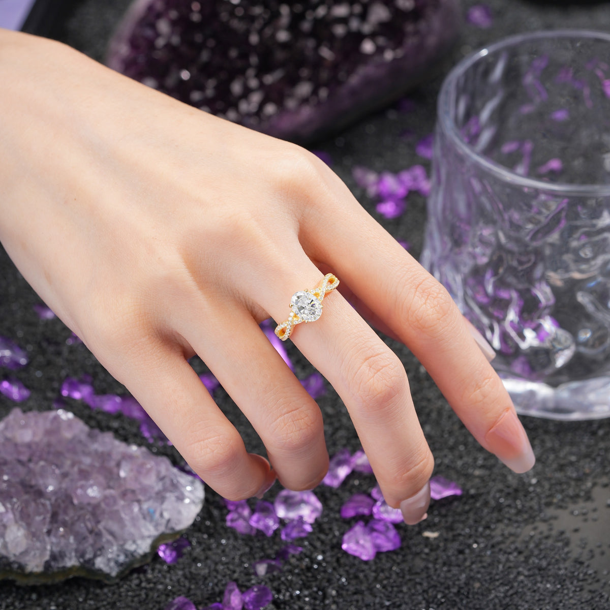 Classic Proposal Gift Oval Cut Infinity Twist Pave Band Moissanite Engagement Ring - Additional view