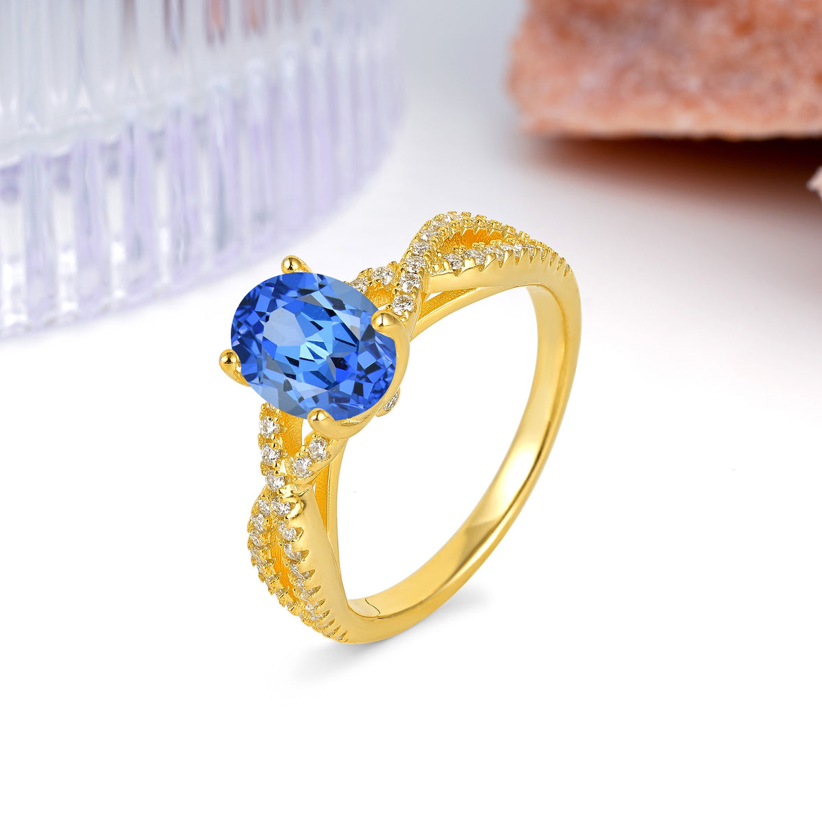 Classic Proposal Gift Oval Cut Infinity Twist Pave Band Sapphire Engagement Ring - Additional view