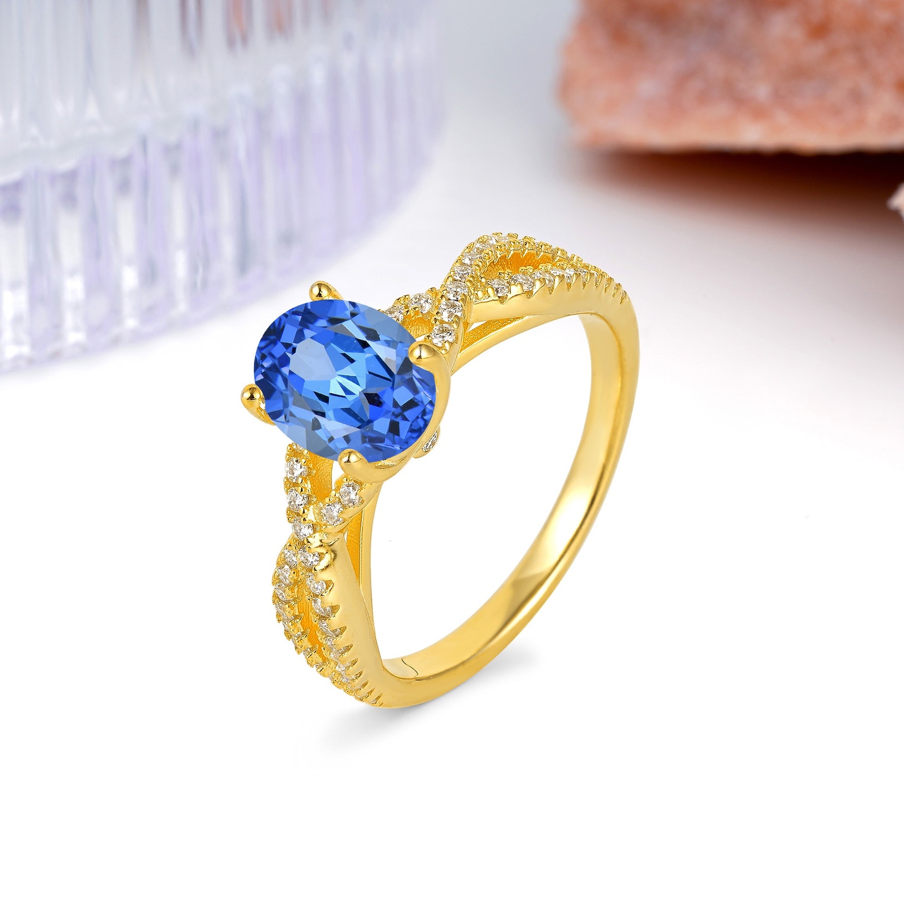 Classic Proposal Gift Oval Cut Infinity Twist Pave Band Sapphire Engagement Ring - Additional view
