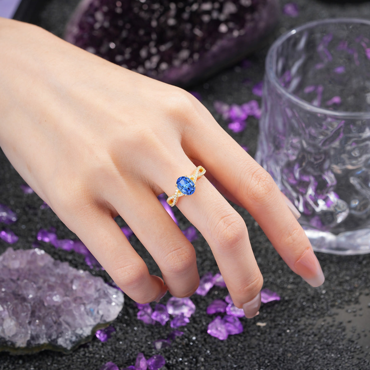 Classic Proposal Gift Oval Cut Infinity Twist Pave Band Sapphire Engagement Ring - Additional view