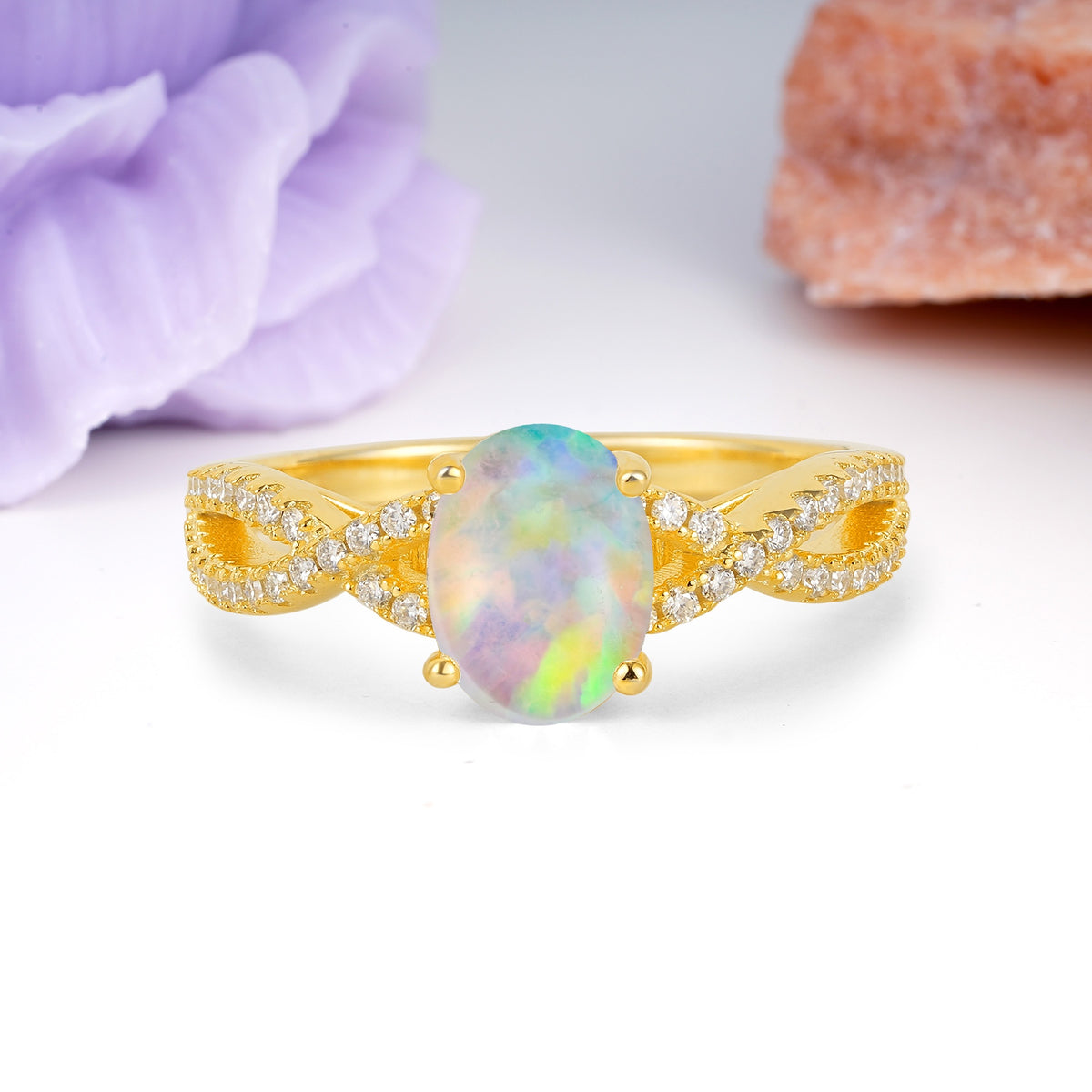 Classic Proposal Gift Oval Cut Infinity Twist Pave Band Fire Opal Engagement Ring - Additional view