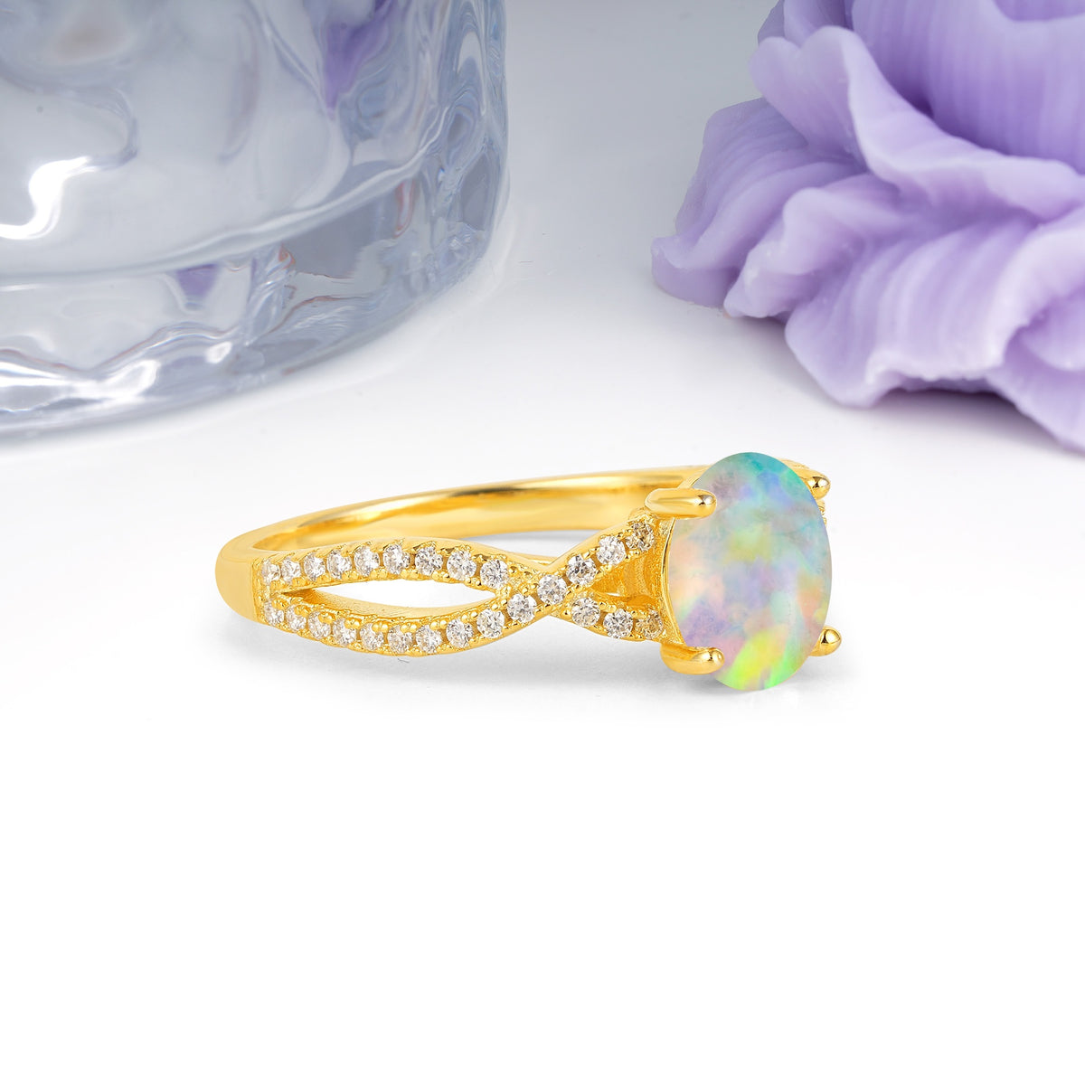 Classic Proposal Gift Oval Cut Infinity Twist Pave Band Fire Opal Engagement Ring - Additional view