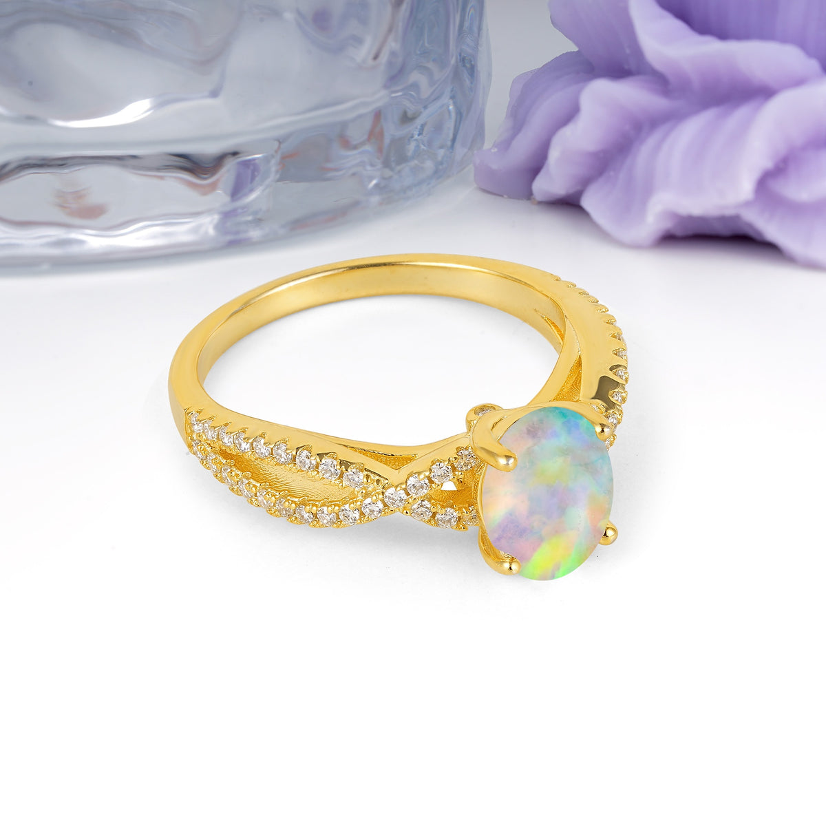 Classic Proposal Gift Oval Cut Infinity Twist Pave Band Fire Opal Engagement Ring - Additional view