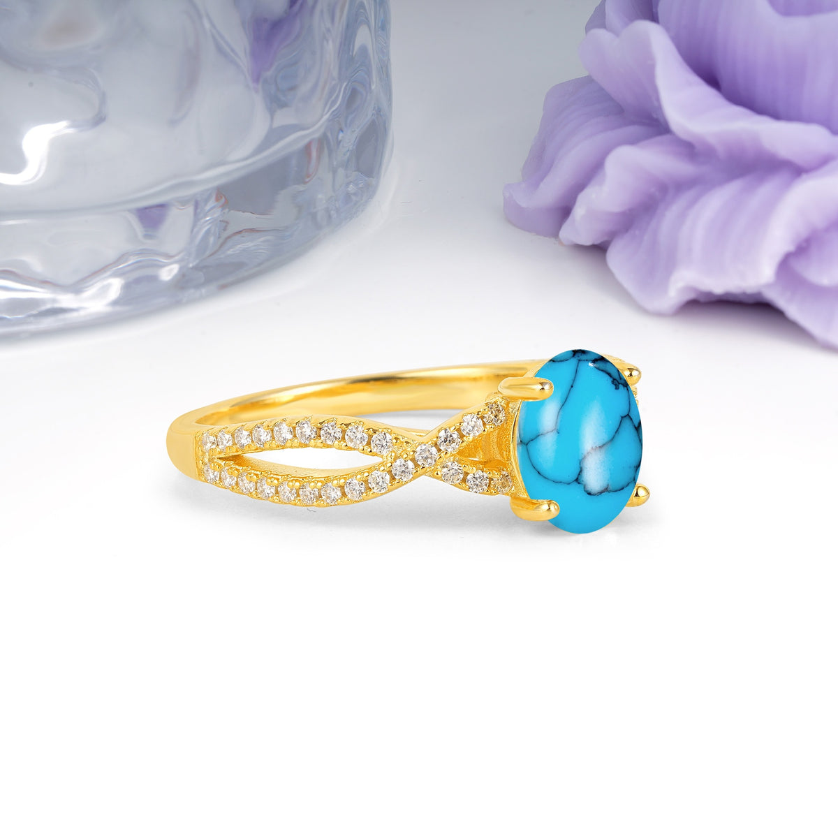Classic Proposal Gift Oval Cut Infinity Twist Pave Band Turquoise Engagement Ring - Additional view