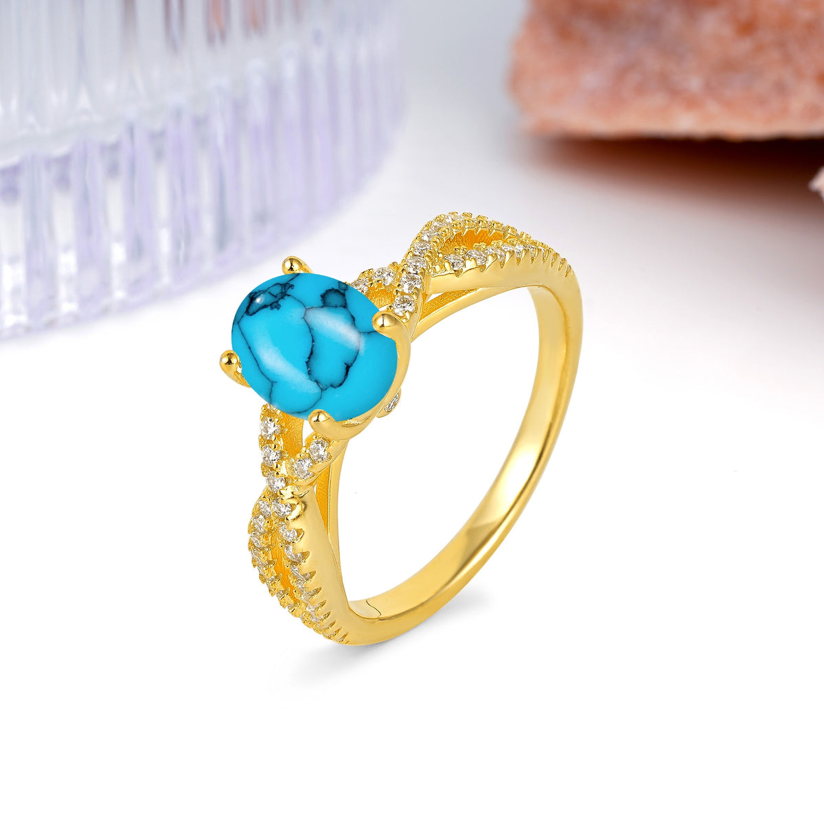Classic Proposal Gift Oval Cut Infinity Twist Pave Band Turquoise Engagement Ring - Additional view