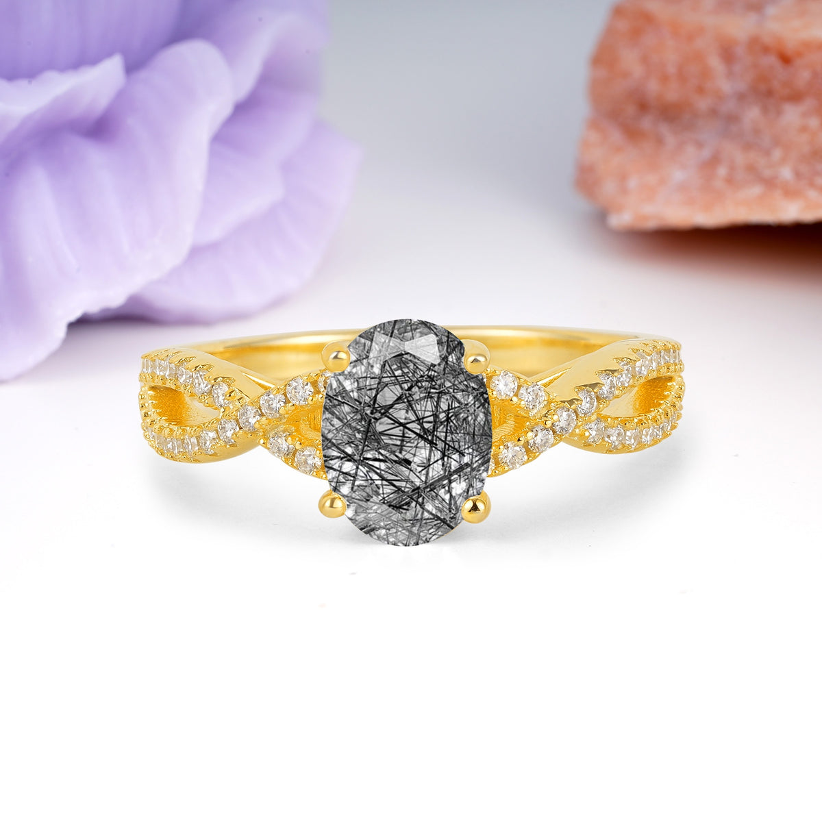 Classic Proposal Gift Oval Cut Infinity Twist Pave Band Black Rutilated Quartz Engagement Ring - Additional view