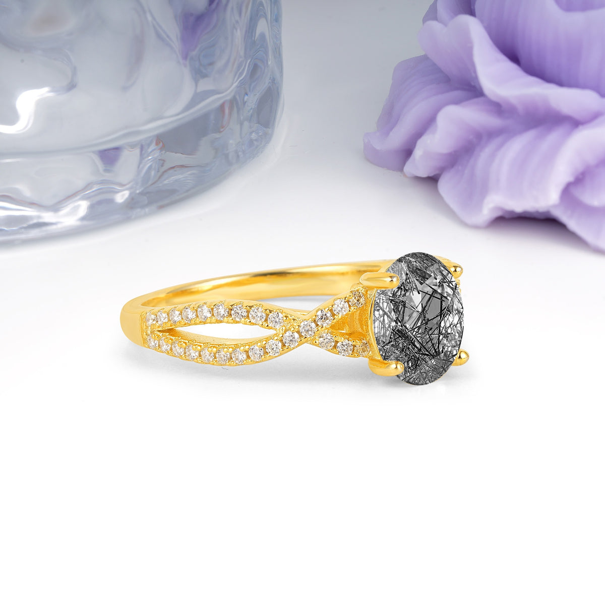 Classic Proposal Gift Oval Cut Infinity Twist Pave Band Black Rutilated Quartz Engagement Ring - Additional view