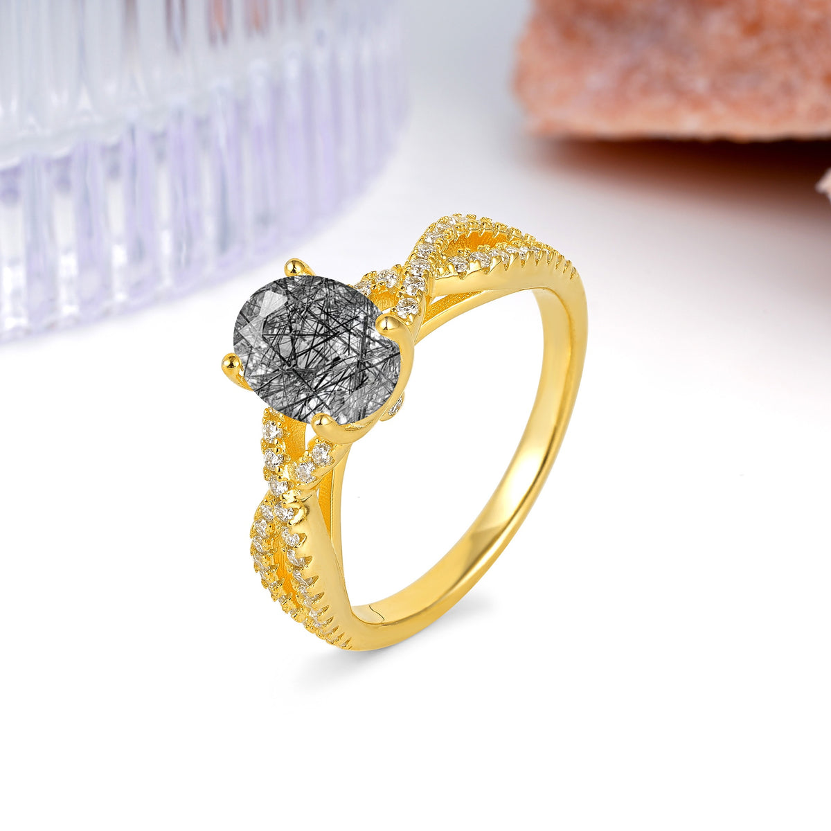 Classic Proposal Gift Oval Cut Infinity Twist Pave Band Black Rutilated Quartz Engagement Ring - Additional view