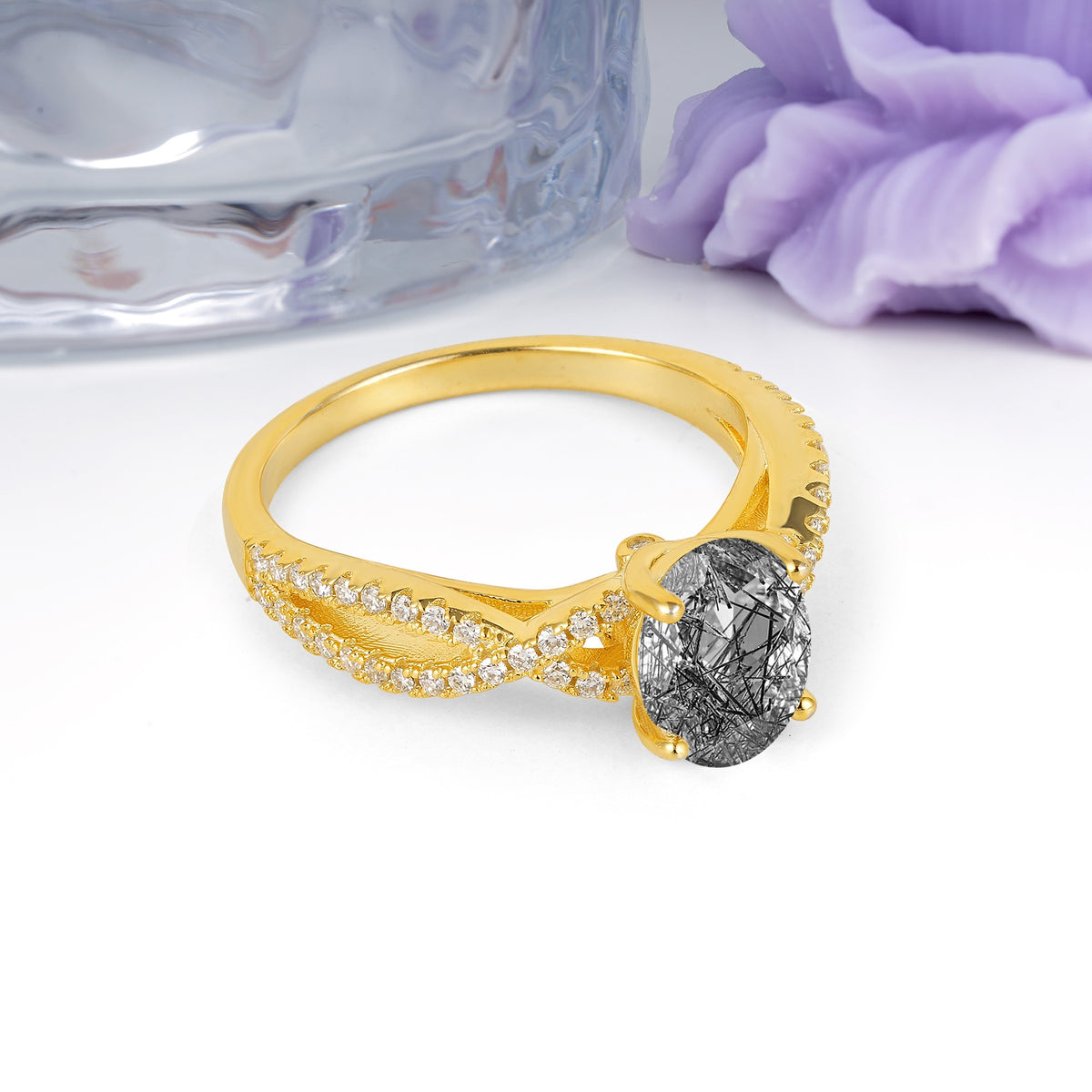 Classic Proposal Gift Oval Cut Infinity Twist Pave Band Black Rutilated Quartz Engagement Ring - Additional view