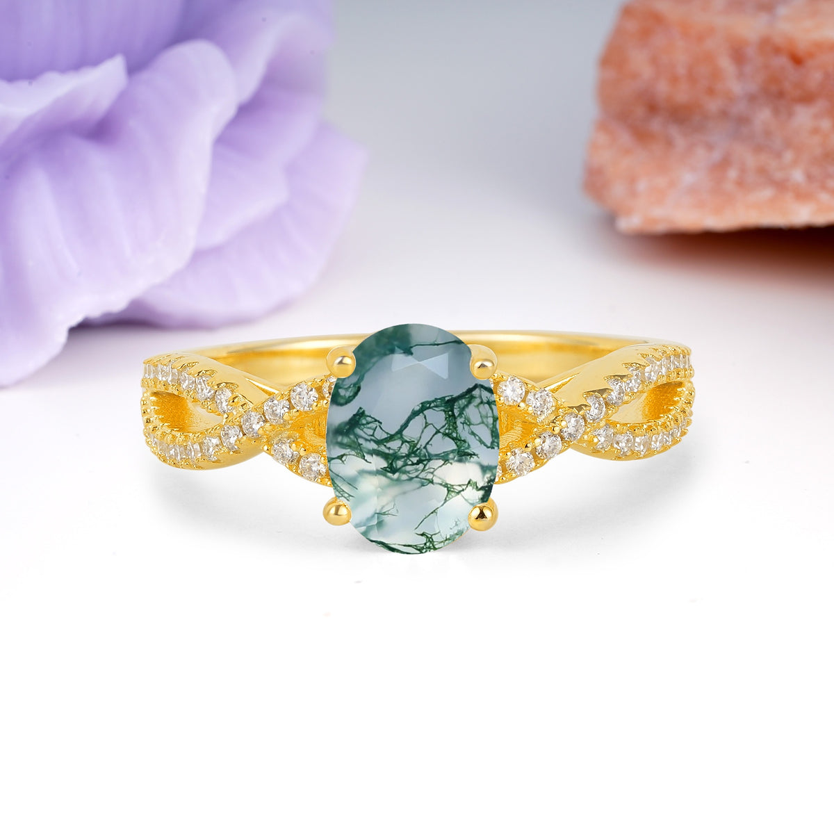 Classic Proposal Gift Oval Cut Infinity Twist Pave Band Moss Agate Engagement Ring - Additional view