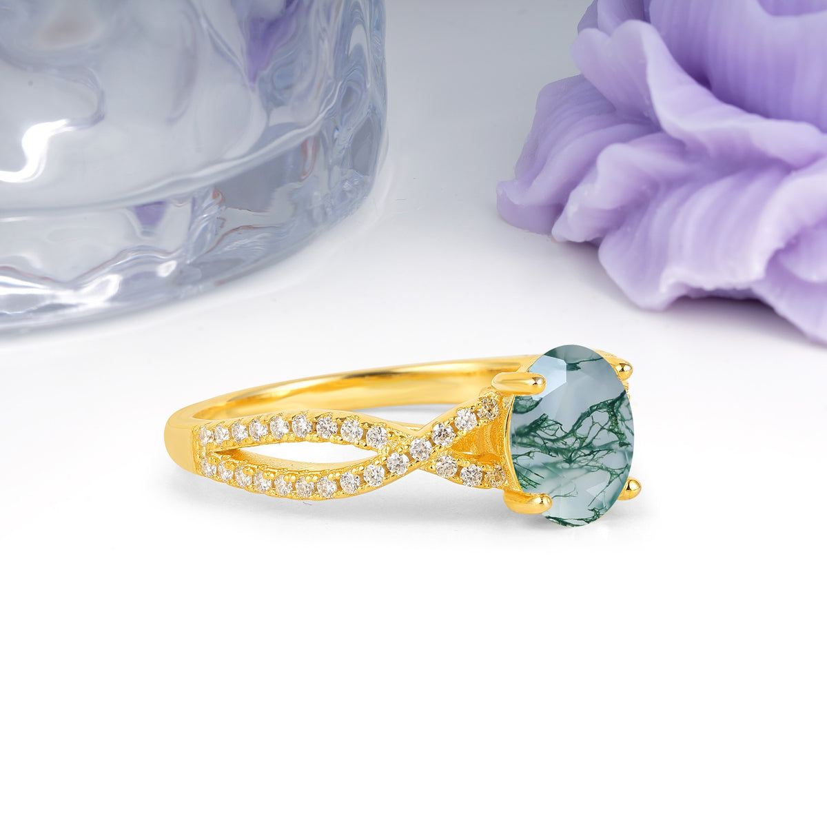 Classic Proposal Gift Oval Cut Infinity Twist Pave Band Moss Agate Engagement Ring - Additional view