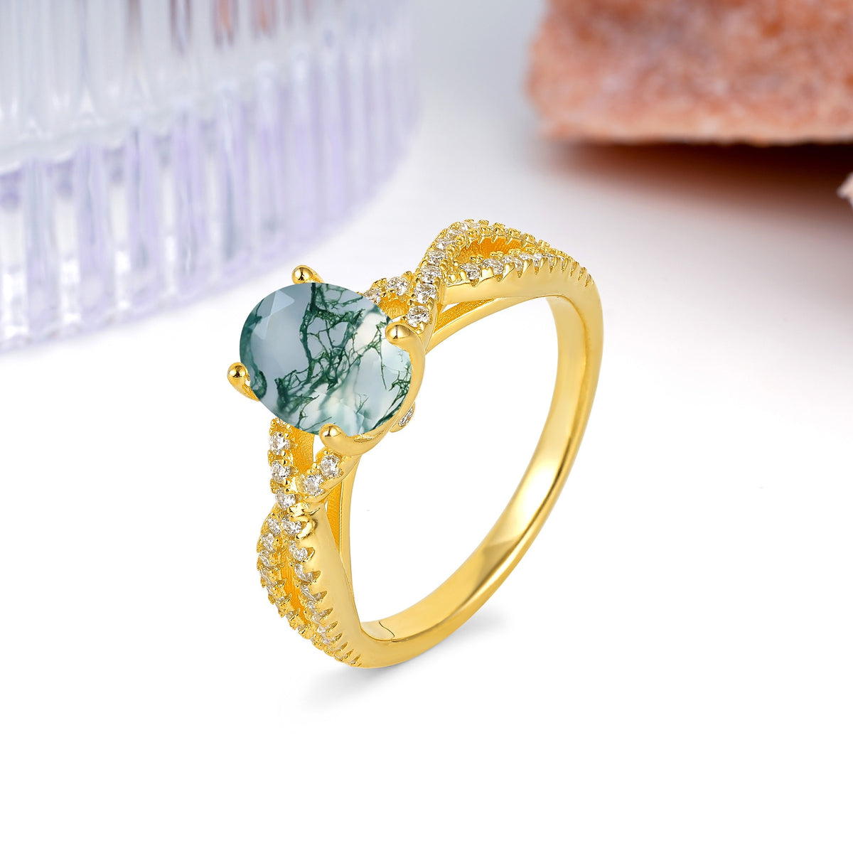 Classic Proposal Gift Oval Cut Infinity Twist Pave Band Moss Agate Engagement Ring - Additional view
