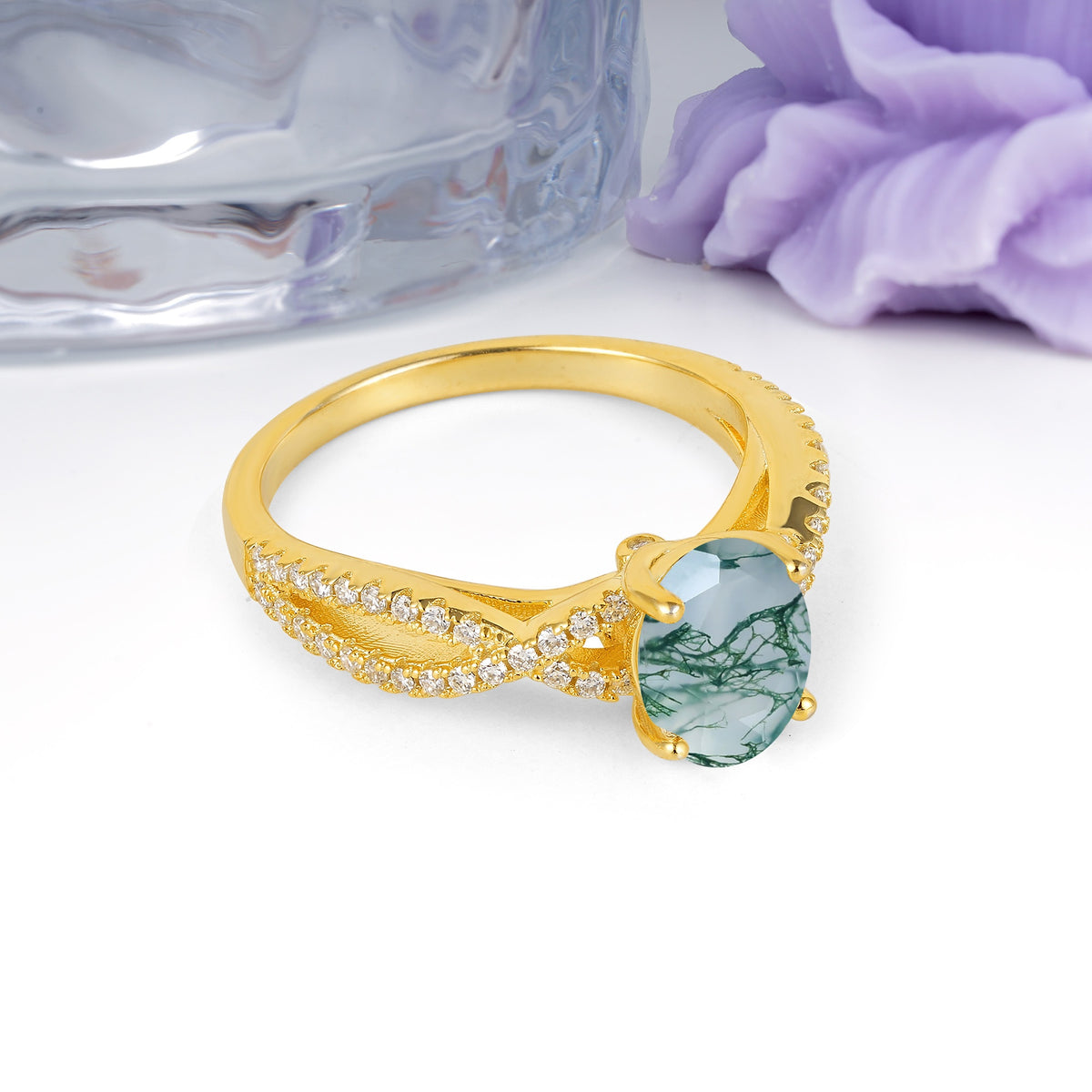 Classic Proposal Gift Oval Cut Infinity Twist Pave Band Moss Agate Engagement Ring - Additional view
