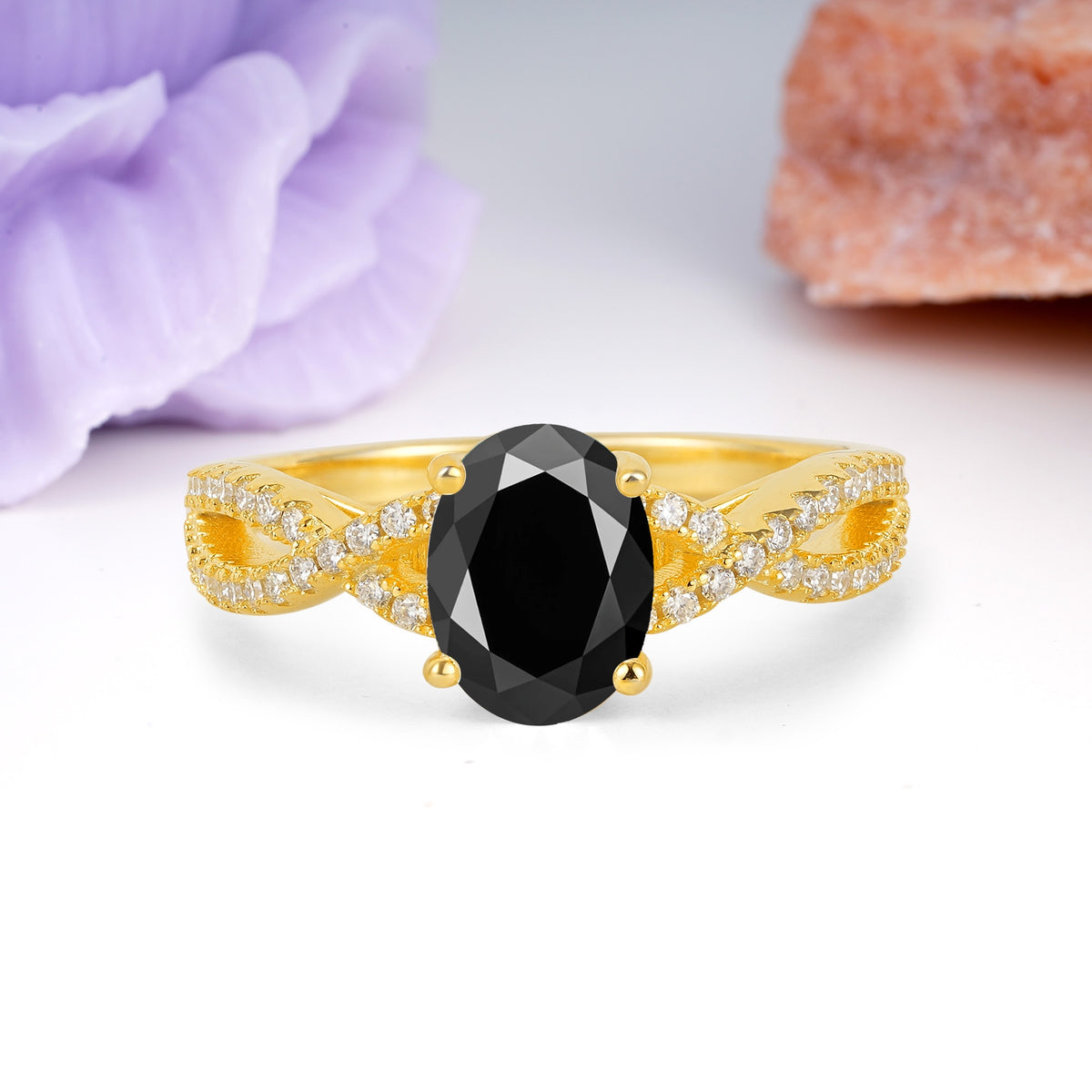 Classic Proposal Gift Oval Cut Infinity Twist Pave Band Black Onyx Engagement Ring - Additional view