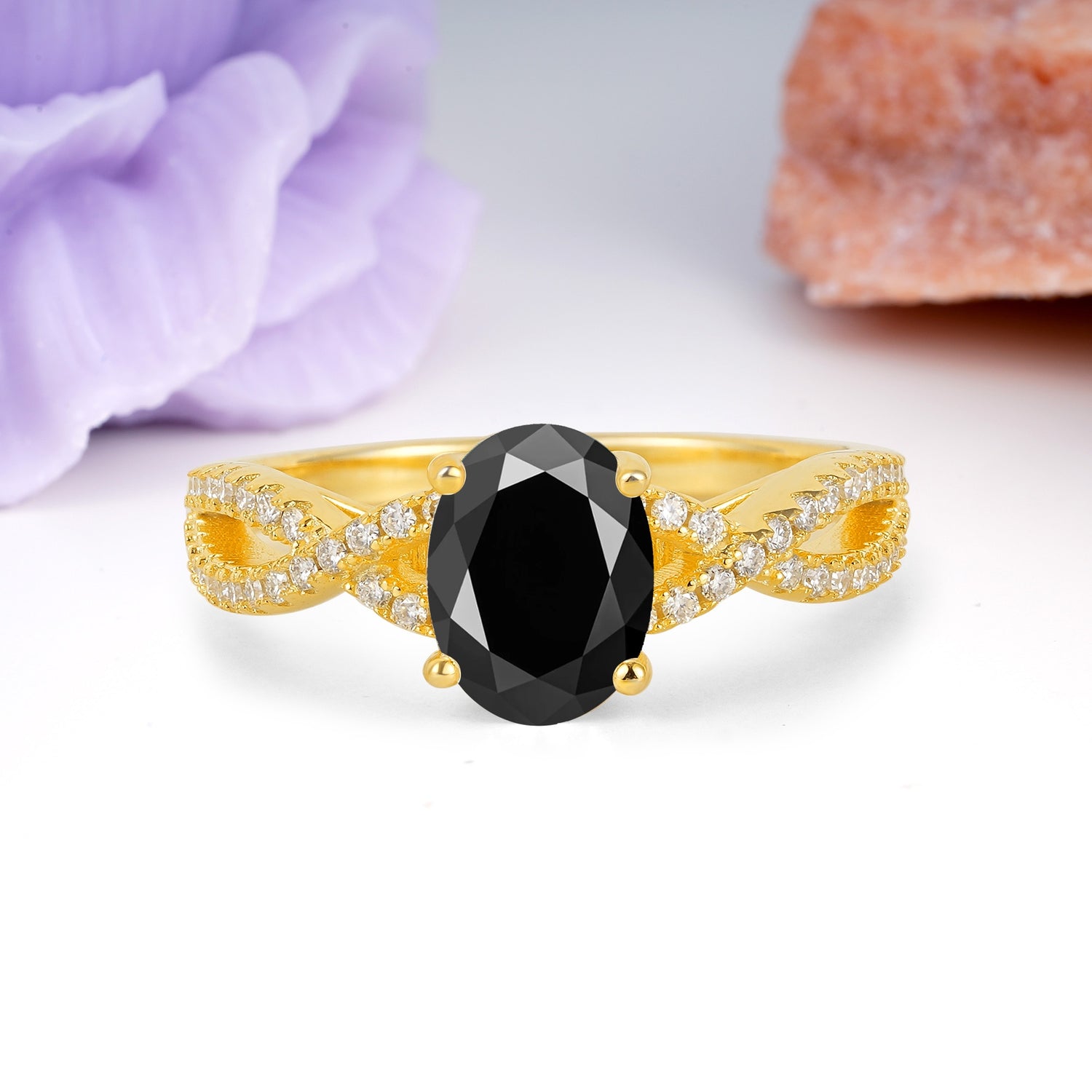 Classic Proposal Gift Oval Cut Infinity Twist Pave Band Black Onyx Engagement Ring - Additional view
