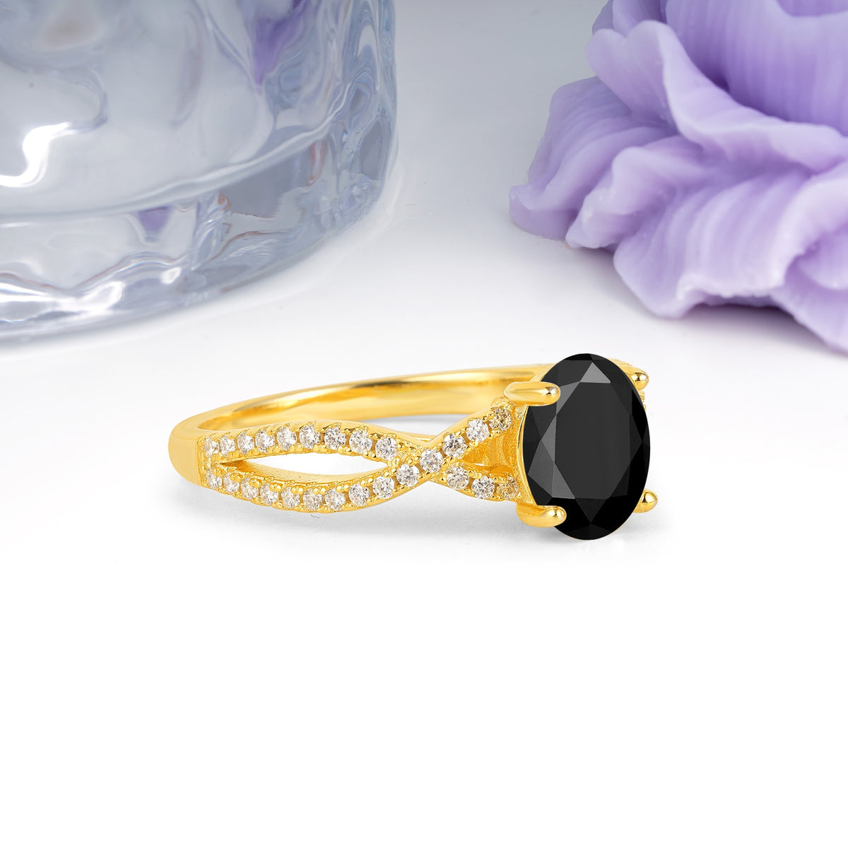 Classic Proposal Gift Oval Cut Infinity Twist Pave Band Black Onyx Engagement Ring - Additional view