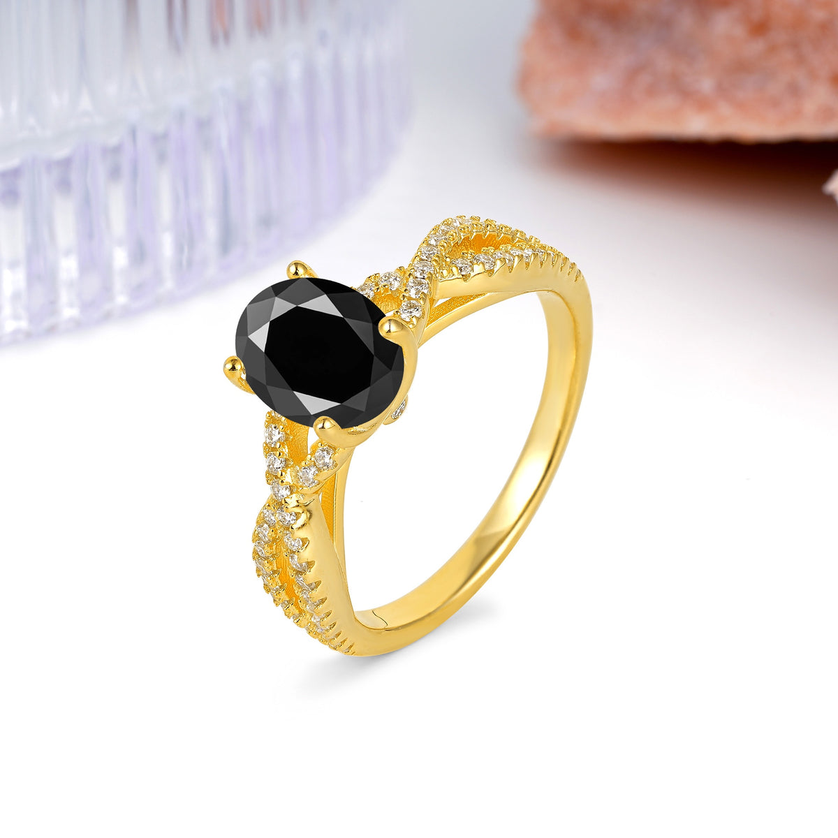 Classic Proposal Gift Oval Cut Infinity Twist Pave Band Black Onyx Engagement Ring - Additional view