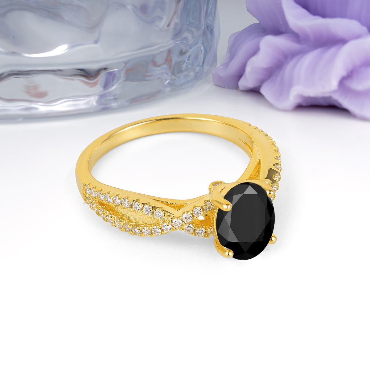 Classic Proposal Gift Oval Cut Infinity Twist Pave Band Black Onyx Engagement Ring - Additional view