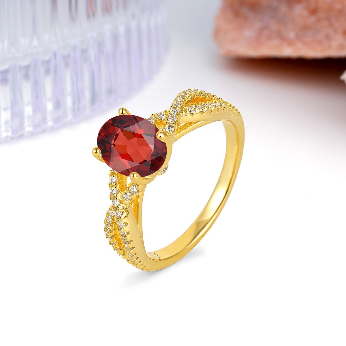 Classic Proposal Gift Oval Cut Infinity Twist Pave Band Garnet Engagement Ring - Additional view