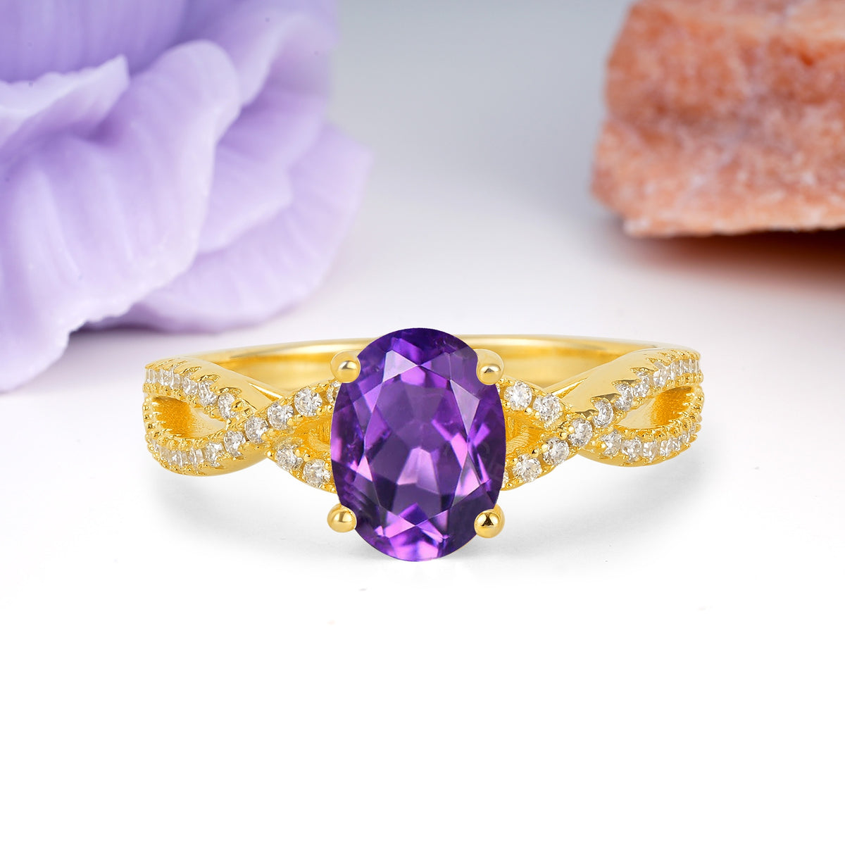 Classic Proposal Gift Oval Cut Infinity Twist Pave Band Amethyst Engagement Ring - Additional view